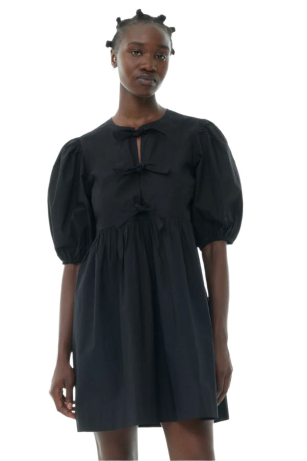 Ganni Cotton Poplin Tie String Mini Dress - Black