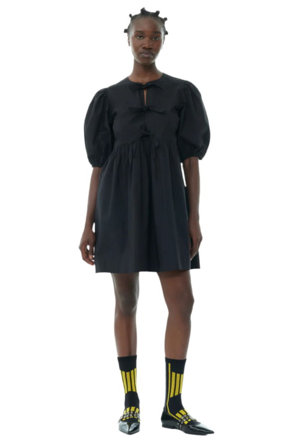 Ganni Cotton Poplin Tie String Mini Dress - Black