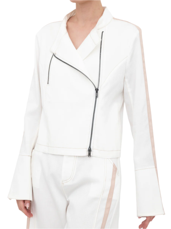Elaine Kim Eco Slub Denim Moto Jacket with Contrast Grosgrain Stripe Elaine Kim Eco Slub Denim Moto Jacket with Contrast Grosgrain Stripe