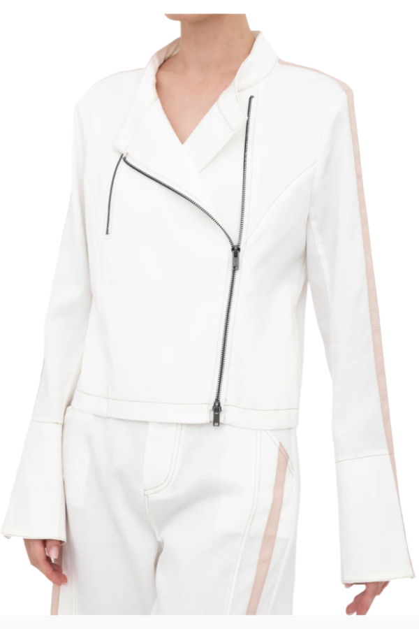 Elaine Kim Eco Slub Denim Moto Jacket with Contrast Grosgrain Stripe