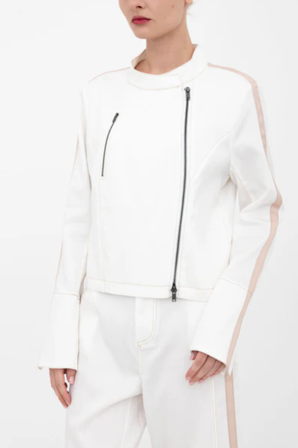 Elaine Kim Eco Slub Denim Moto Jacket with Contrast Grosgrain Stripe