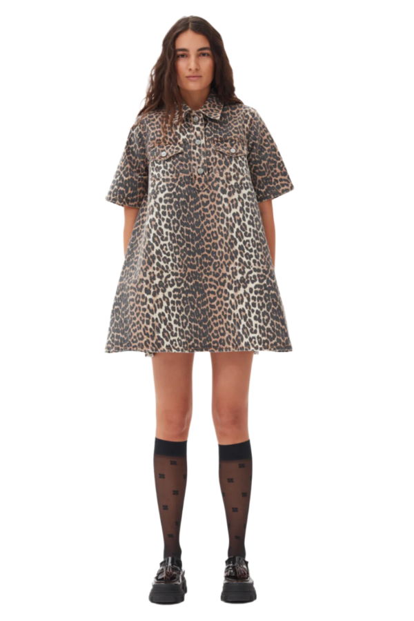 Ganni Printed Denim Mini Dress - Leopard
