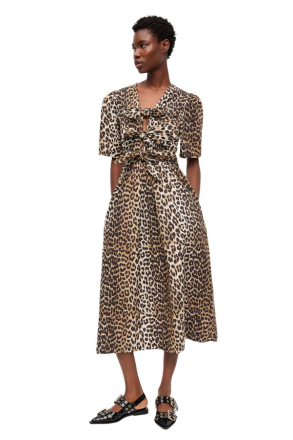 Ganni Printed Cotton Tie Strap Midi Dress