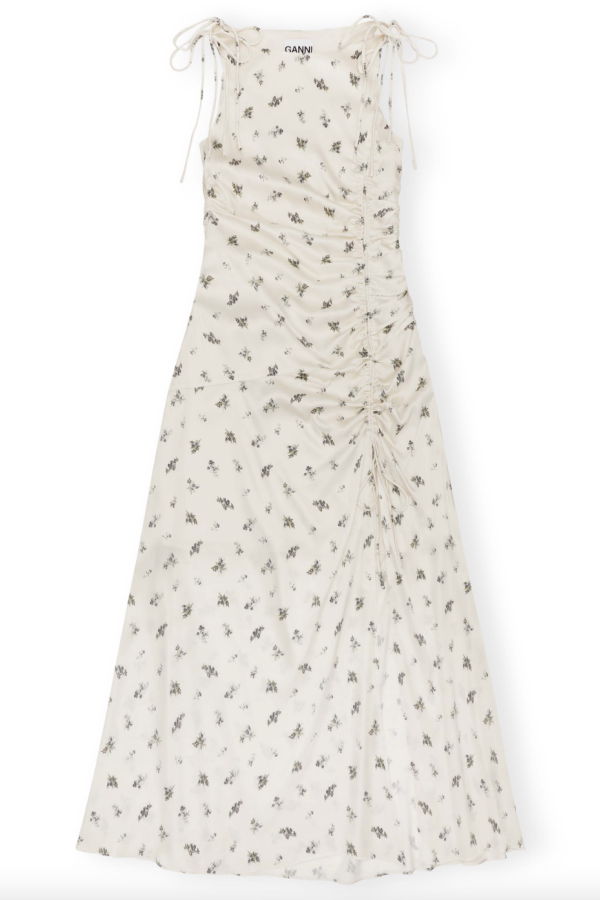 Ganni Printed Satin Gathered Long Dress