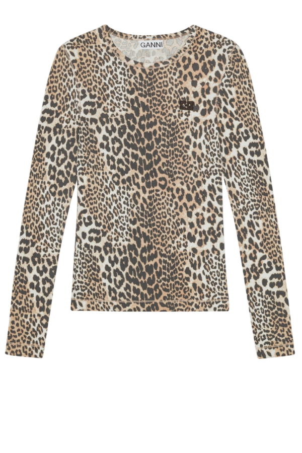 Ganni Soft Cotton Rib Leo Long Sleeve Top - Leopard