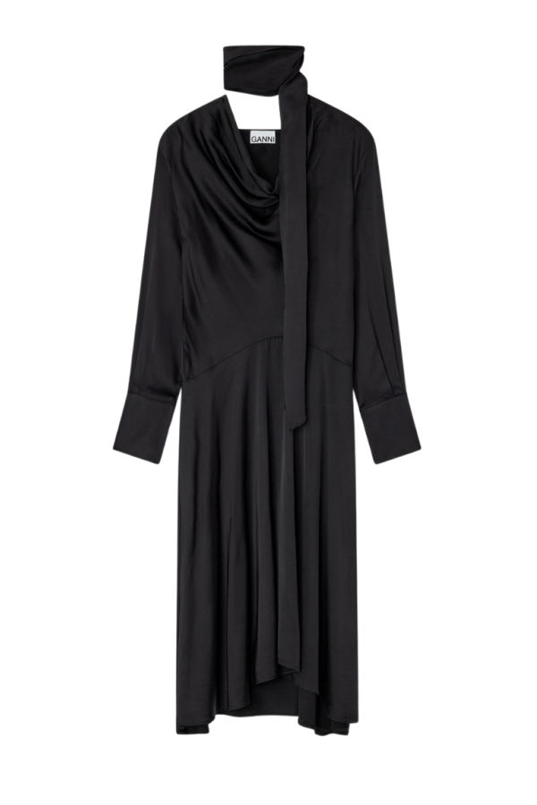 Ganni Solid Stretch Satin Cowl Scarf Midi Dress - Black