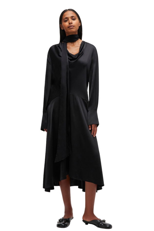 Ganni Solid Stretch Satin Cowl Scarf Midi Dress - Black