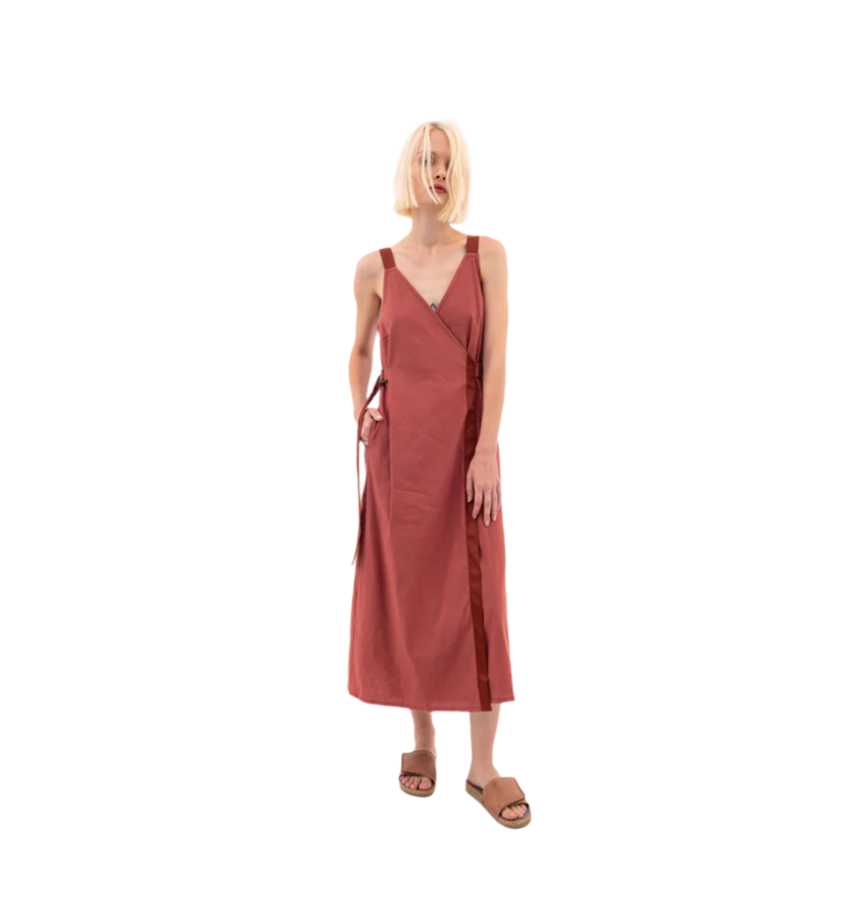 Elaine Kim Waltrina Stretch Linen Faux Wrap Dress - Terracotta - Image 1 of 3