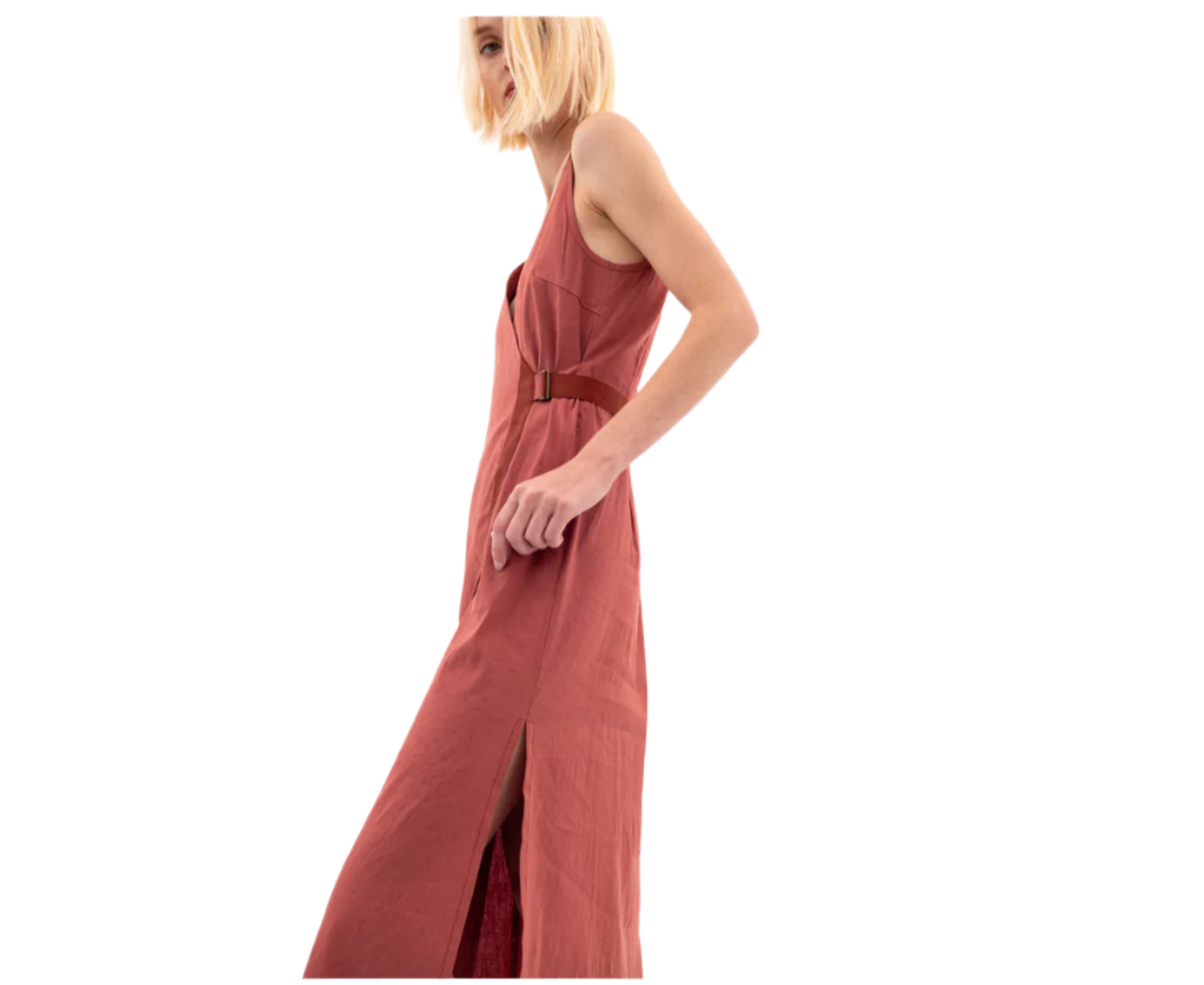 Elaine Kim Waltrina Stretch Linen Faux Wrap Dress - Terracotta - Image 3 of 3