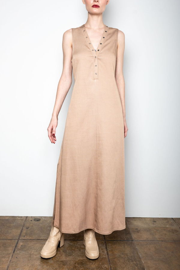 Elaine Kim Valley Eco Denim V Neck Long Dress - Almond