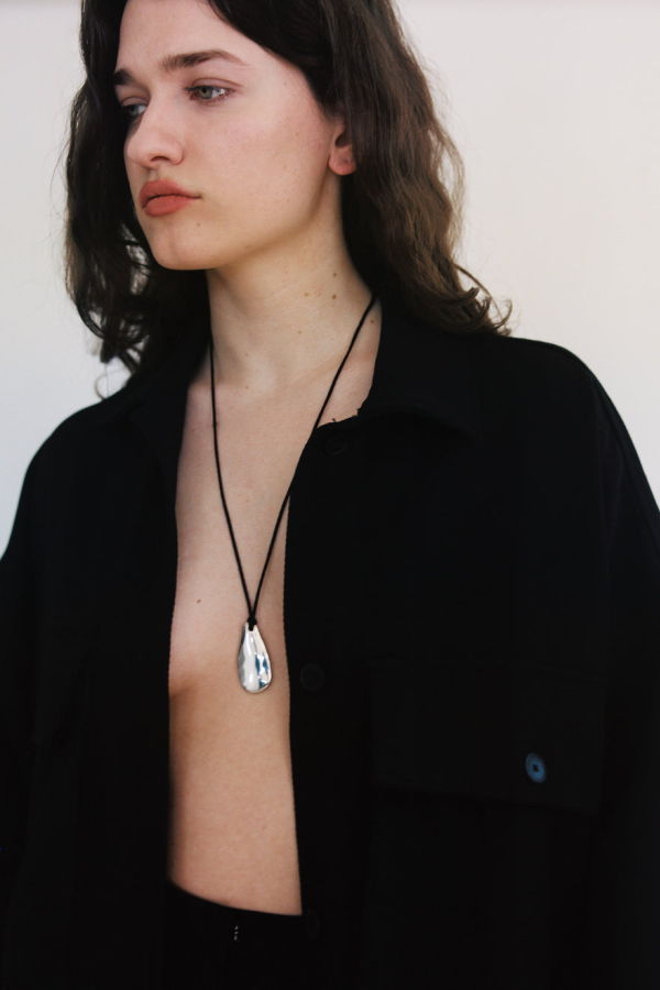 MASLO CO. Large Pebble Pendant Necklace Sterling Silver With Cord