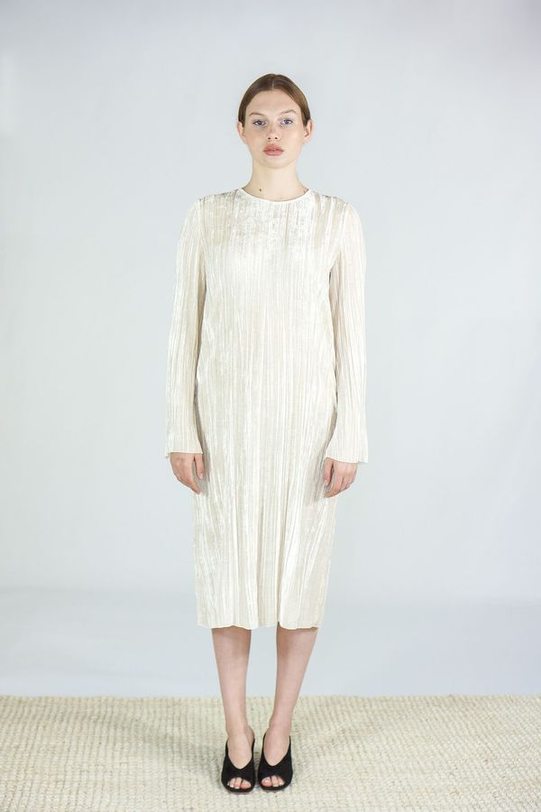 Giada Forte Pleated Velvet Roundneck Dress - Naturale