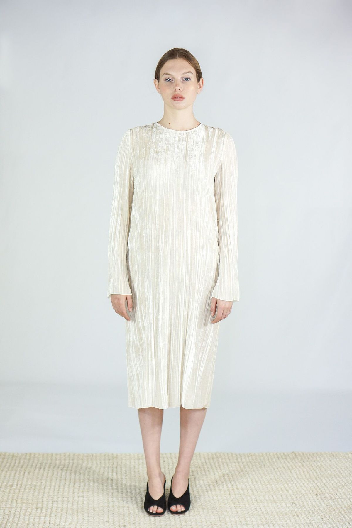 Giada Forte Pleated Velvet Roundneck Dress - Naturale - Image 1 of 5