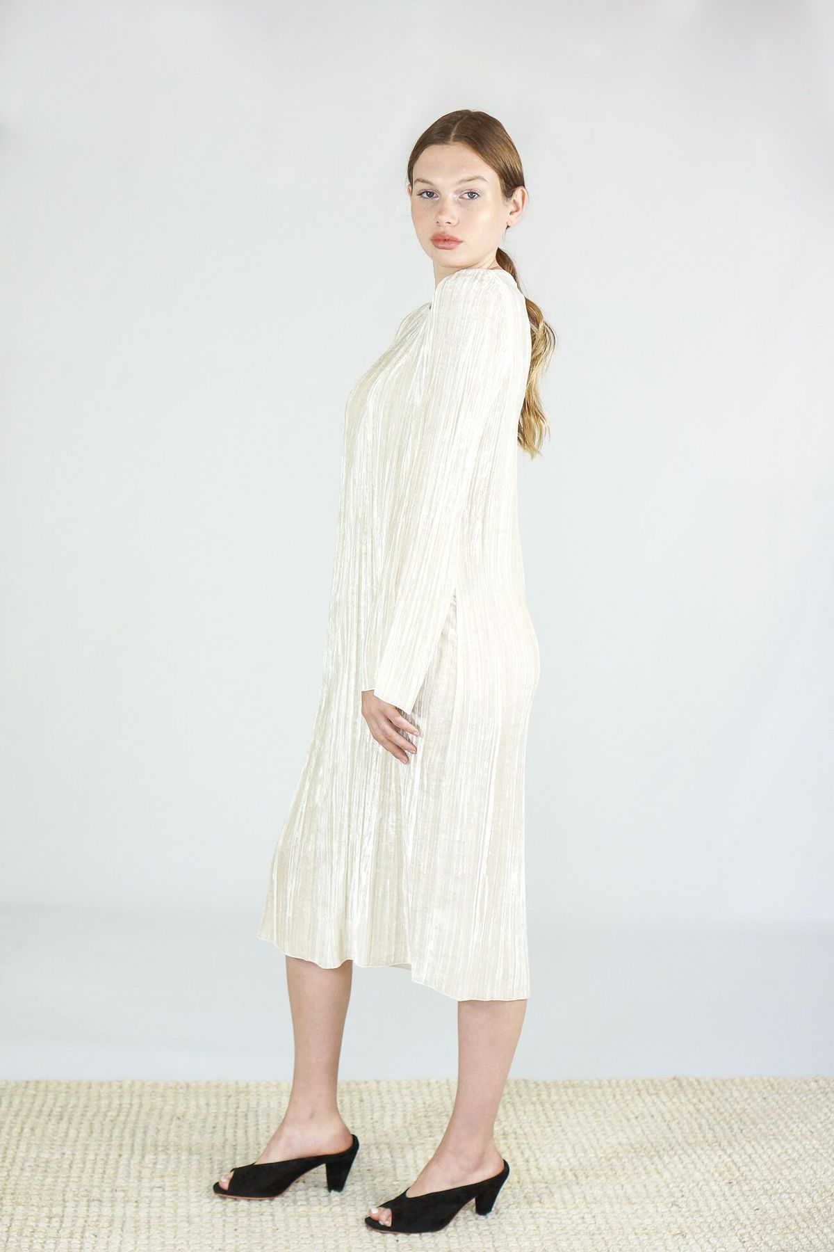 Giada Forte Pleated Velvet Roundneck Dress - Naturale - Image 2 of 5