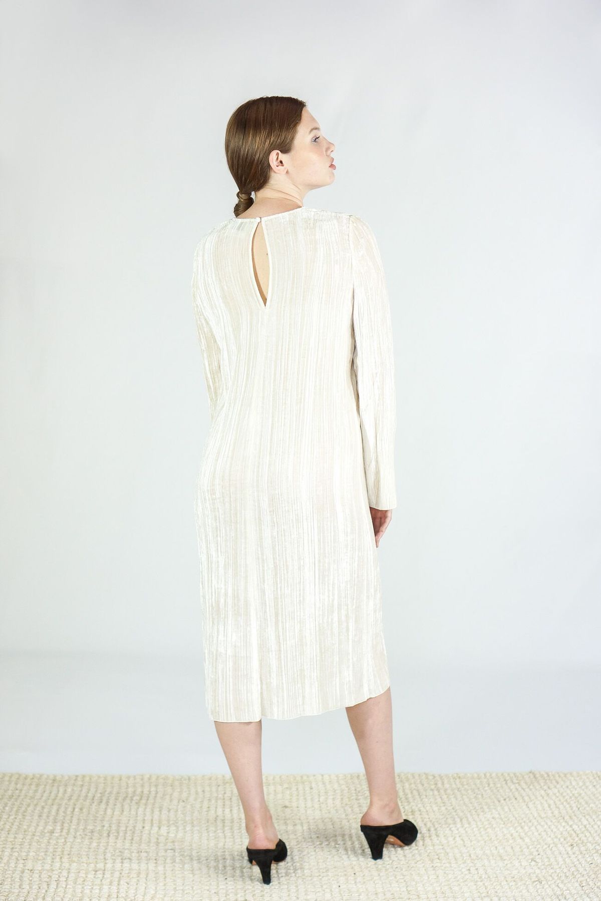 Giada Forte Pleated Velvet Roundneck Dress - Naturale - Image 3 of 5