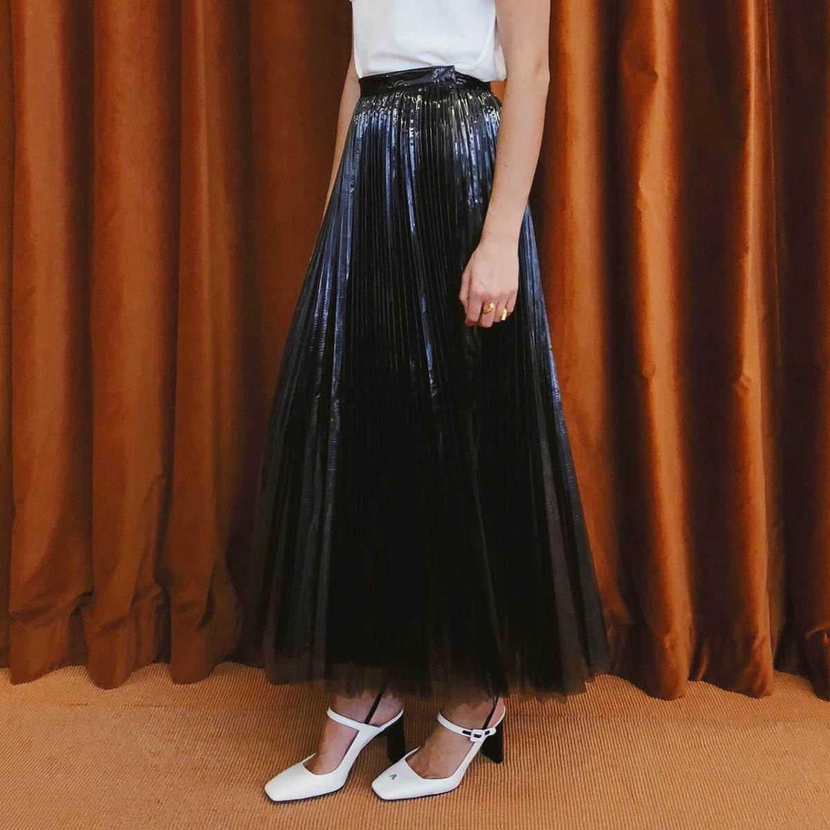 Priscavera Pleated PVC Maxi Skirt Garmentory