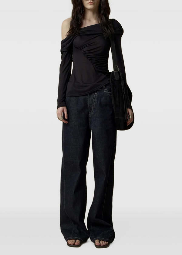 ELYWOOD Irregular Paneled Off Shoulder Top - Black