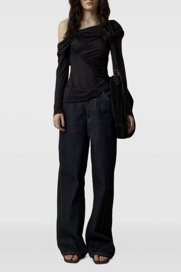 ELYWOOD Irregular Paneled Off Shoulder Top - Black