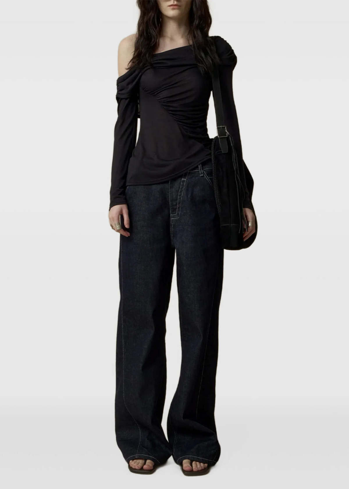 ELYWOOD Irregular Paneled Off Shoulder Top - Black - Image 2 of 3