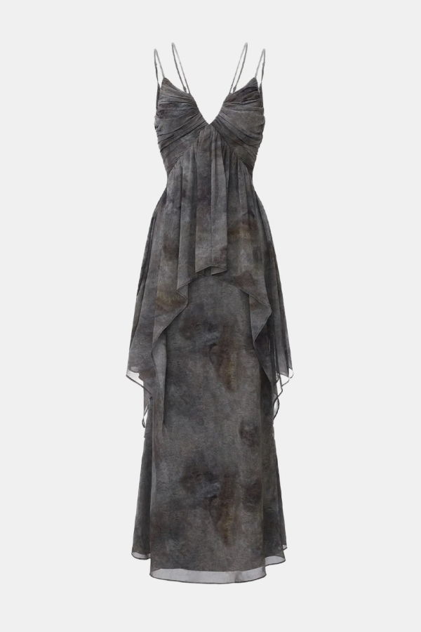 ELYWOOD Charcoal Ink Wash Shirred Slip Dress