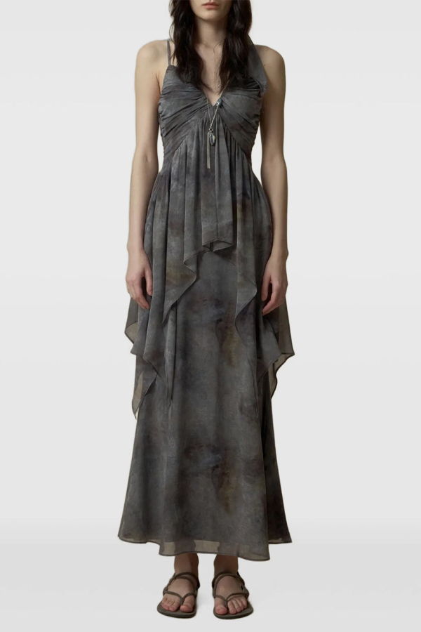 ELYWOOD Charcoal Ink Wash Shirred Slip Dress
