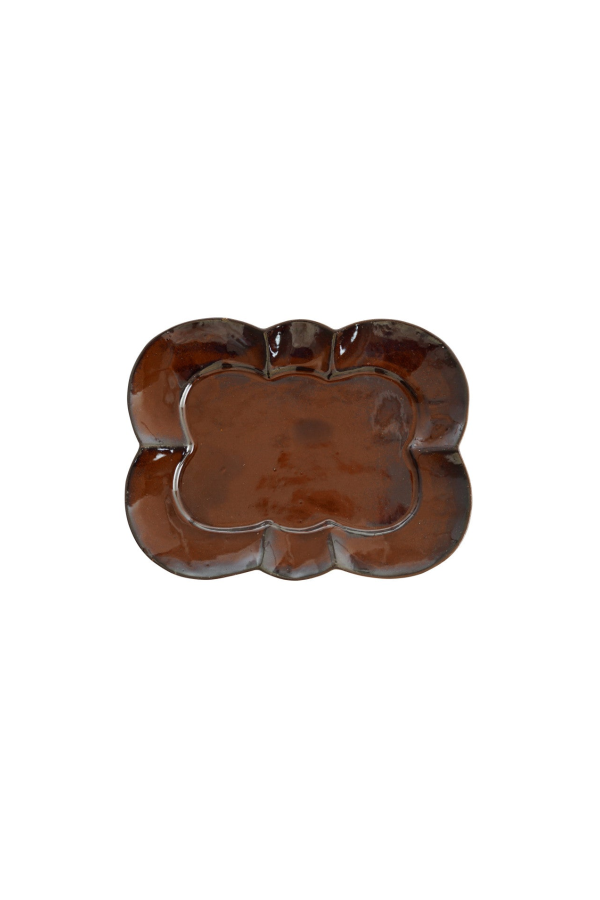 Creative Co-Op Rectangular Stoneware Scalloped Plate - Brown
