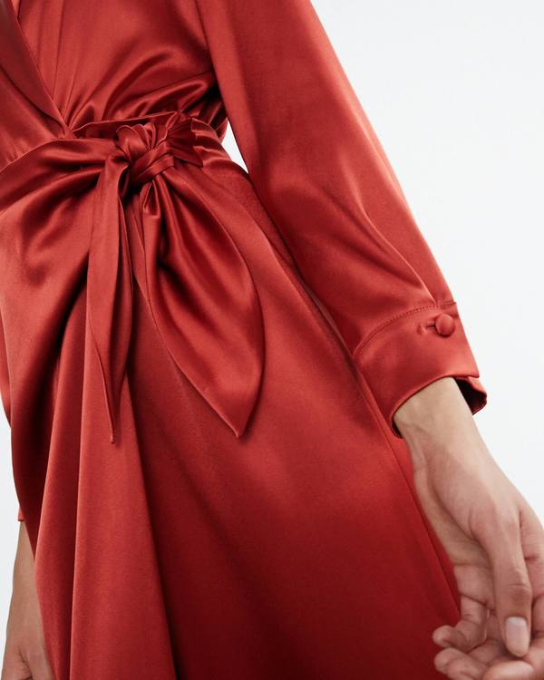 ezra burgundy wrap dress Ezra Wrap Dress with Handkerchief Hemline in Royal Damask  Eva Franco
