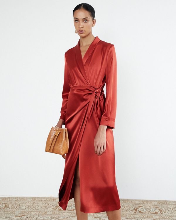 fitted lace wedding dress LESSLESS  Wrap Silk Dress In Cherry Red  LESSLESS LLC