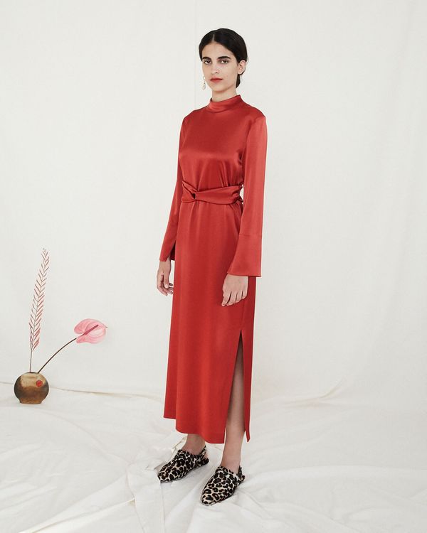 strapless open back dress Belted Halter Midi Dress main image 0