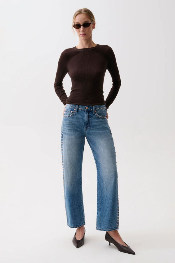 Pistola Lexi Mid Rise Bowed Straight Star Studded Jeans - Denim