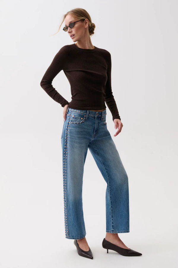 Pistola Lexi Mid Rise Bowed Straight Star Studded Jeans - Denim