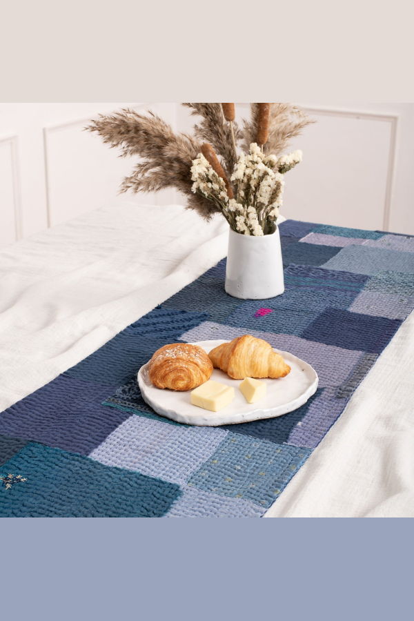 Maison Mieko Landscape Fray Patch Vintage Kantha Table Runner - Navy