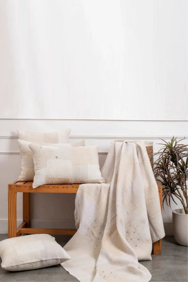 Maison Mieko Mosaic Fray Patch Vintage Kantha Throw - Cauliflower