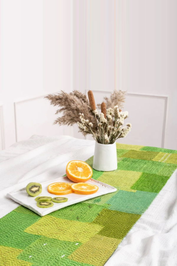 Maison Mieko Mosaic Fray Patch Handmade Table Runner - Lime Green