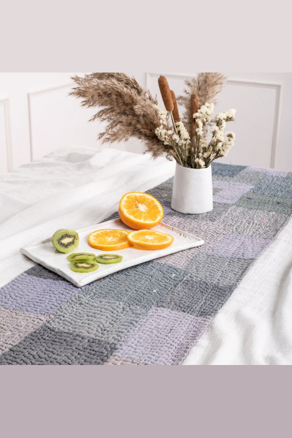 Maison Mieko Mosaic Fray Patch Vintage Kantha Table Runner - Hydrangea