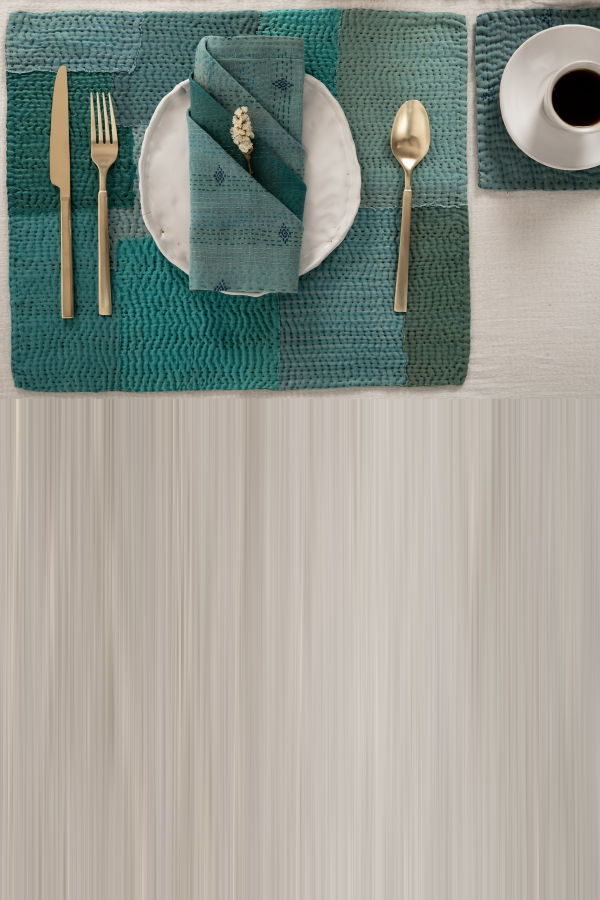 Maison Mieko S/2 Mosaic Fray Patch Vintage Kantha Placemat - Cornflower