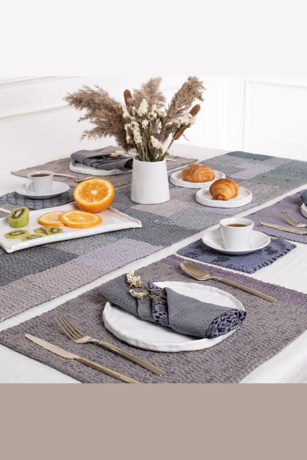 Maison Mieko S/2 Mosaic Fray Patch Vintage Kantha Placemat - Hydrangea