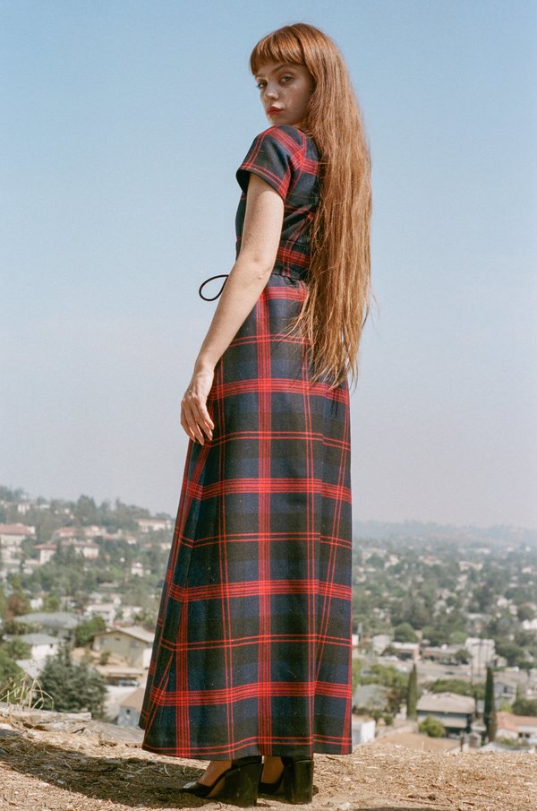 chinese dress ladies Cotton Maxi Dress Tartan Plaid, Blue main image 0