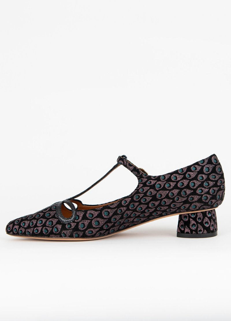 Chie Mihara Sera T-Strap - peacock feather print
