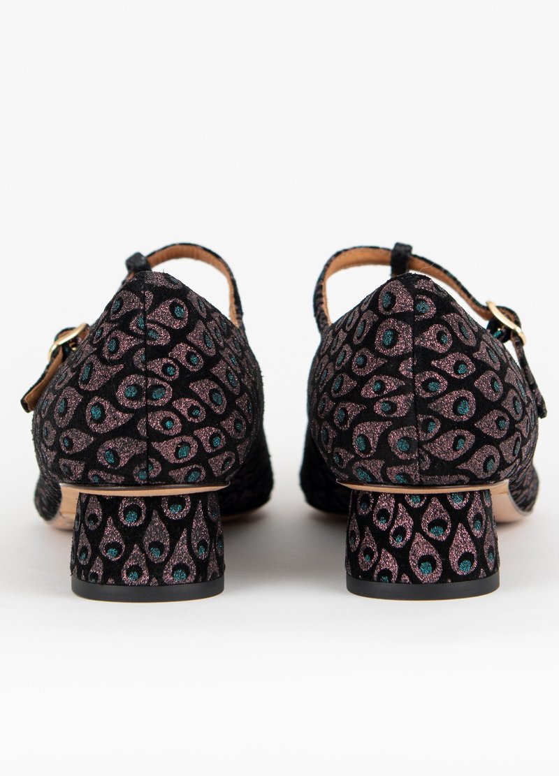 Chie Mihara Sera T-Strap - peacock feather print