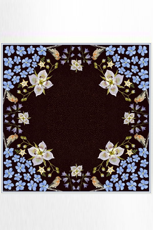 Matty Miller Studio 100% Silk Design Scarf - Black Gentian Floral Bird