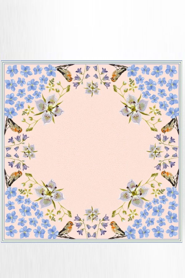 Matty Miller Studio 100% Silk Scarf: Pink Gentian - Wildflower Bird Design