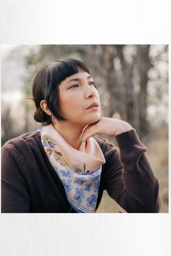 Matty Miller Studio 100% Silk Scarf: Pink Gentian - Wildflower Bird Design
