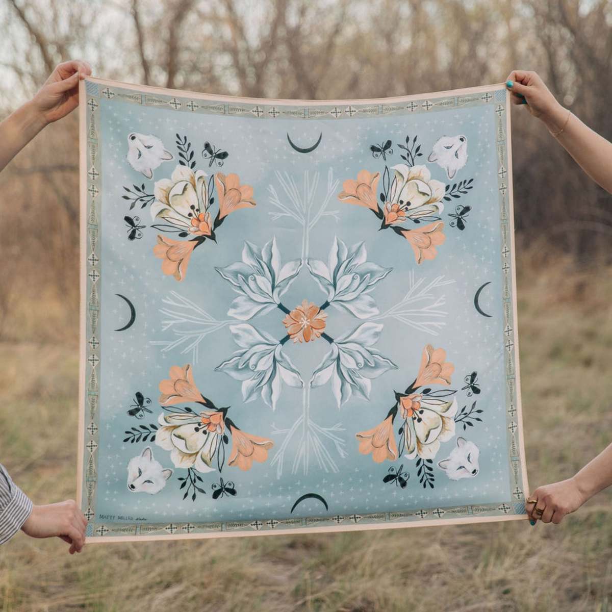 Matty Miller Studio 100% Silk Tundra Arctic Animal Floral Pattern Scarf - Image 7 of 9