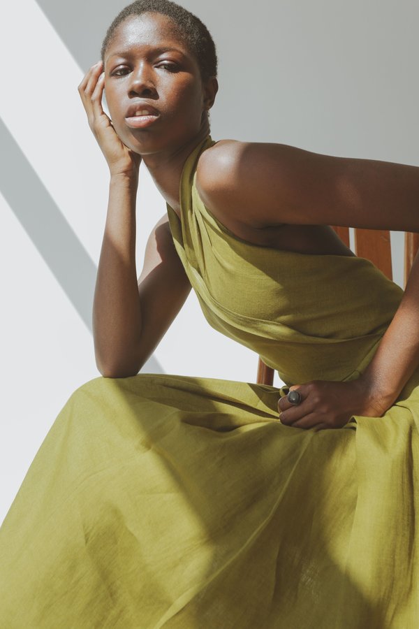 OR Halter Dress - Pea Green Linen | Garmentory