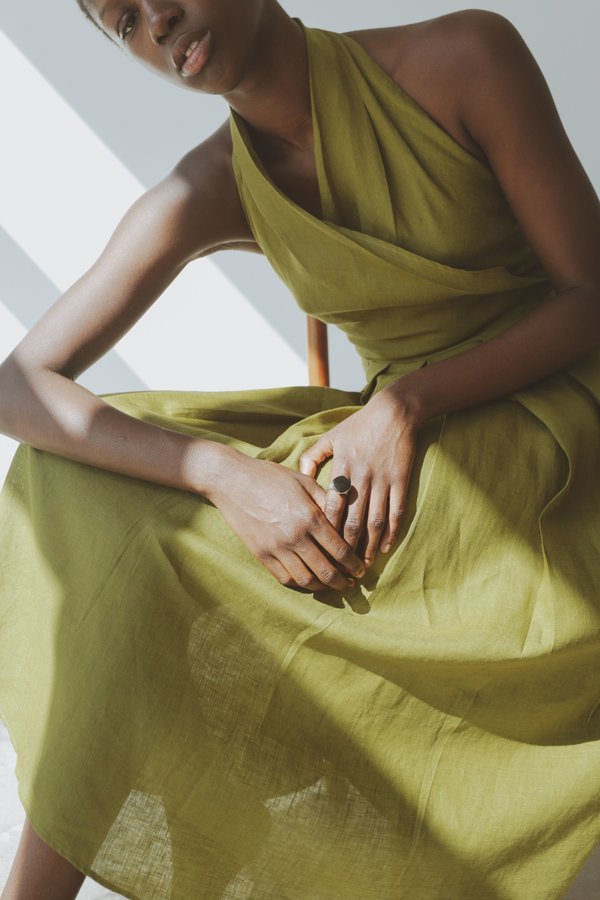 OR Halter Dress - Pea Green Linen | Garmentory