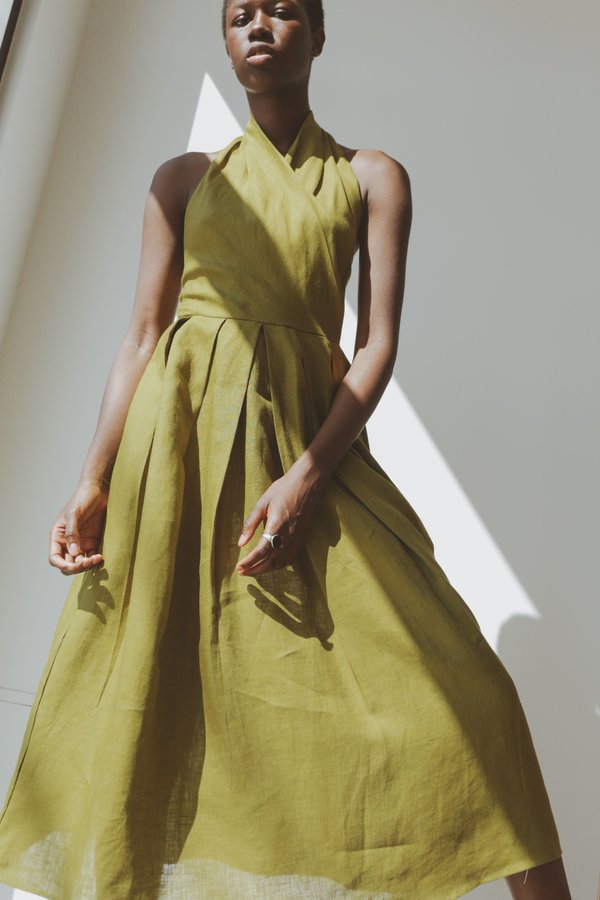 OR Halter Dress - Pea Green Linen | Garmentory