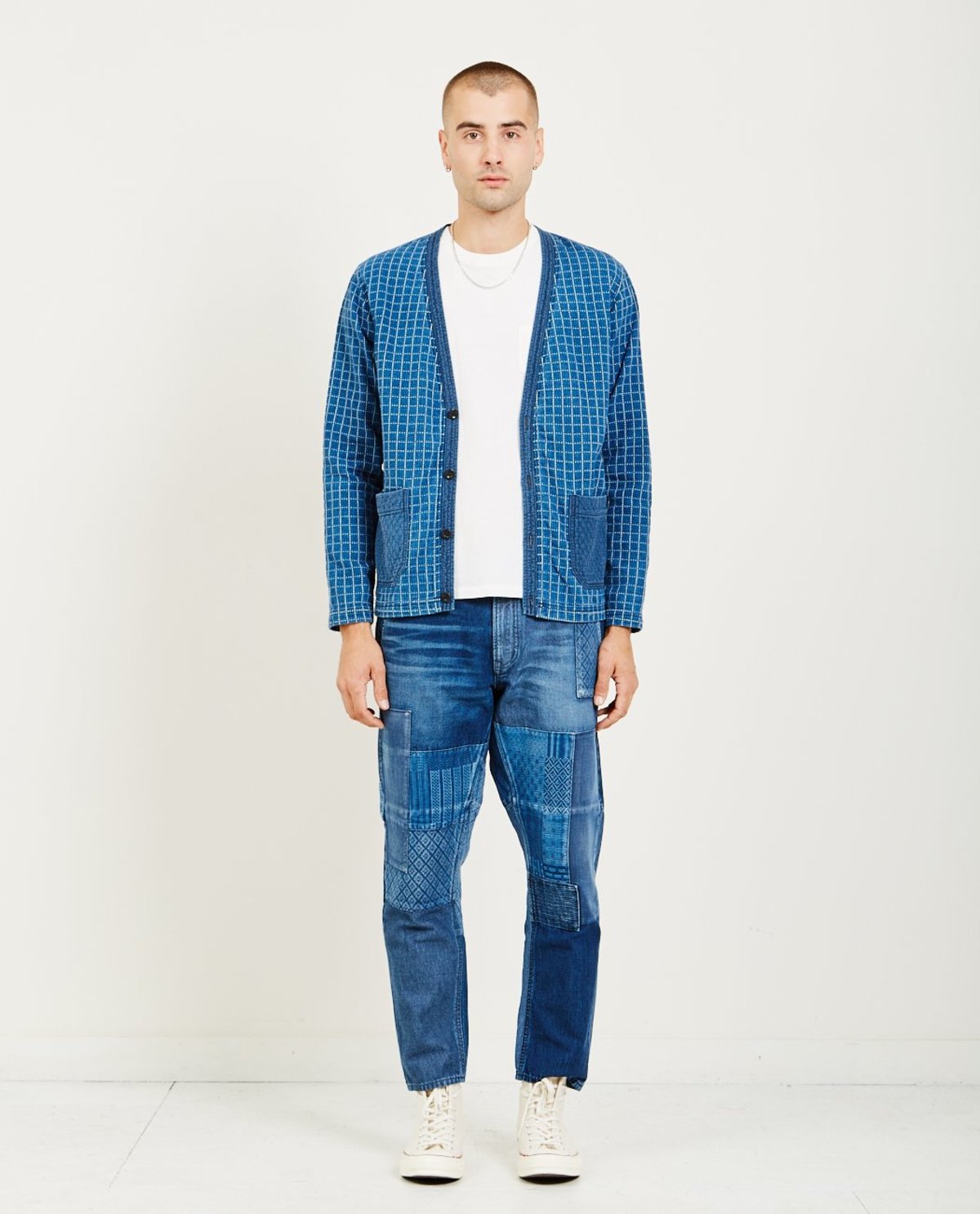 FDMTL SASHIKO CARDIGAN - 2 YEAR WASH INDIGO | Garmentory