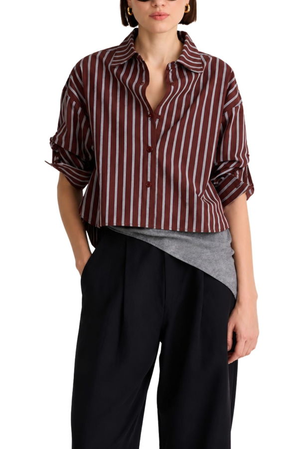 Apiece Apart Cropped Isolde Button Down Blouse - Spice Multi Stripe