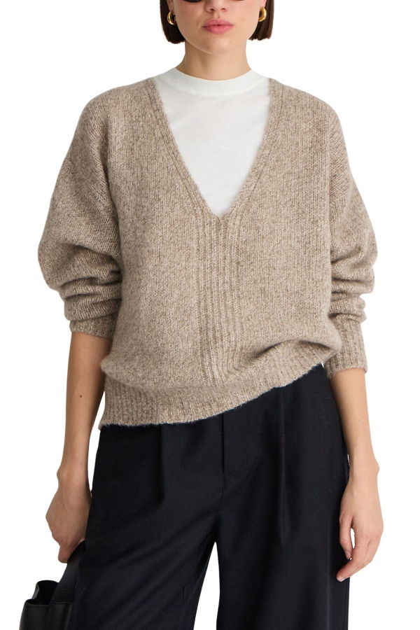 Apiece Apart Softest Silk Cashmere V-Neck Marl Sweater - Jute Marl